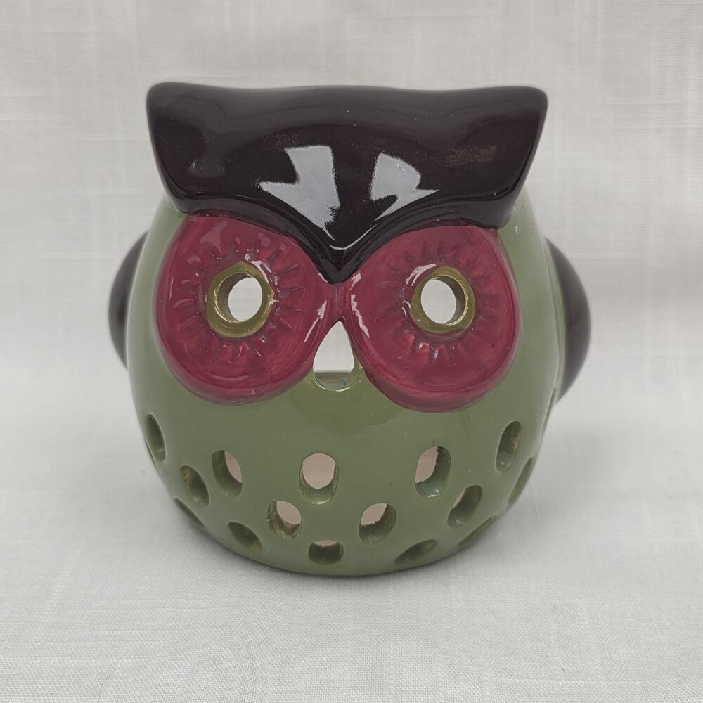 Ceramic Owl Candle Holder Green Pink Cutout Tea Light Lantern Decor